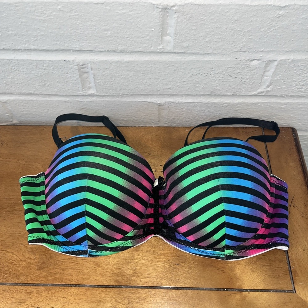 Morbid‎ Threads Rainbow Push Up Bra Bow Lingerie Size 36B Removable Straps